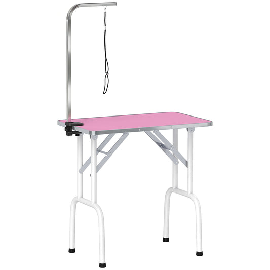Photo of PawHut 32" Foldable Dog Grooming Table Pet Drying Beauty Table Adjustable Fixed Arm Rubber Top, Pink in Pink colour on a white background