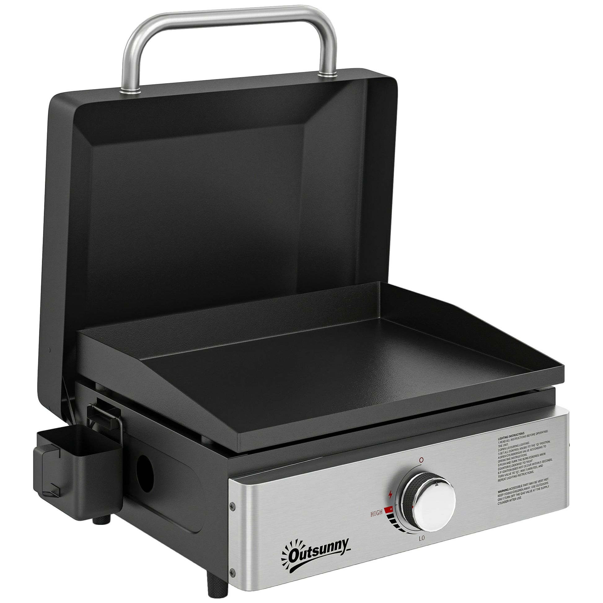 Photo of Outsunny Grill Griddle, Portable Gas Plancha, 3.5 kW, Tabletop Gas BBQ with Grease Cup for Camping Picnic Patios, Black in Black colour on a white background