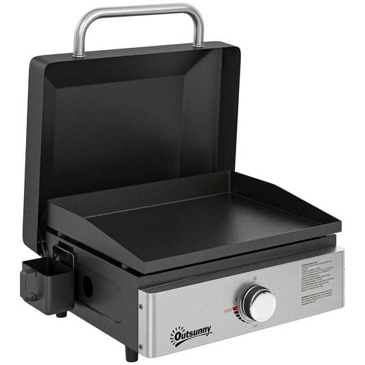 Photo of Outsunny Grill Griddle, Portable Gas Plancha, 3.5 kW, Tabletop Gas BBQ with Grease Cup for Camping Picnic Patios, Black in Black colour on a white background