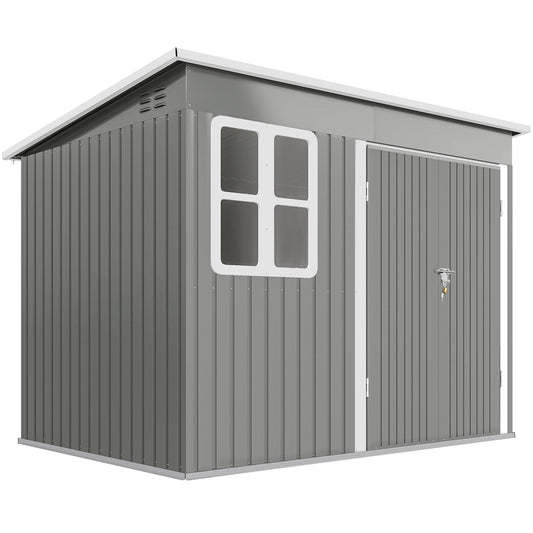Photo of Outsunny 8.5 x 6ft Storage Shed Galvanised Steel Garden Shed, Metal Shed with Foundation Kit, Window, Lockable Wide Doors and Air Vents for Outdoor Patio, Light Grey in Grey colour on a white background