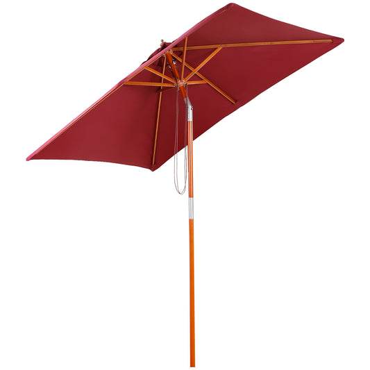Photo of Outsunny 2m x 1.5m Garden Parasol Umbrella with Tilting Sunshade Canopy, Outdoor Market Table Umbrella with Wood and Bamboo Frame, Wine Red in Red colour on a white background