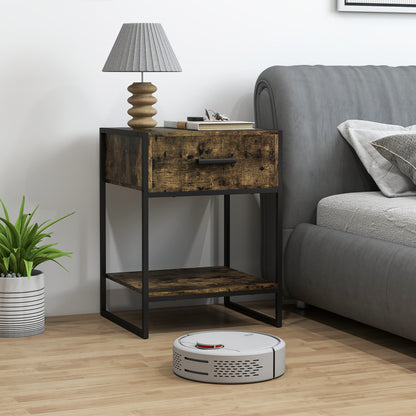 Rustic brown bedside table with drawer and lower shelf beside a bed