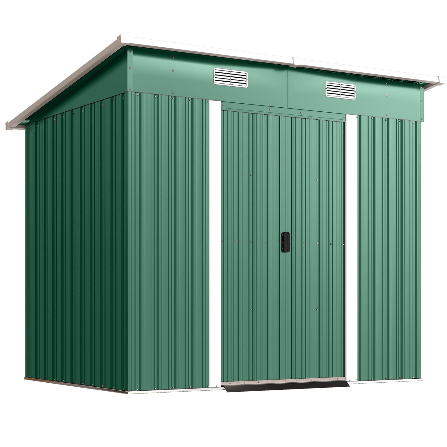 Photo of Outsunny 7 x 4ft Outdoor Storage Shed with Foundation Kit, Lean to Metal Garden Shed for Log, Rubbish Bin, Tool, Bike, Green in Green colour on a white background
