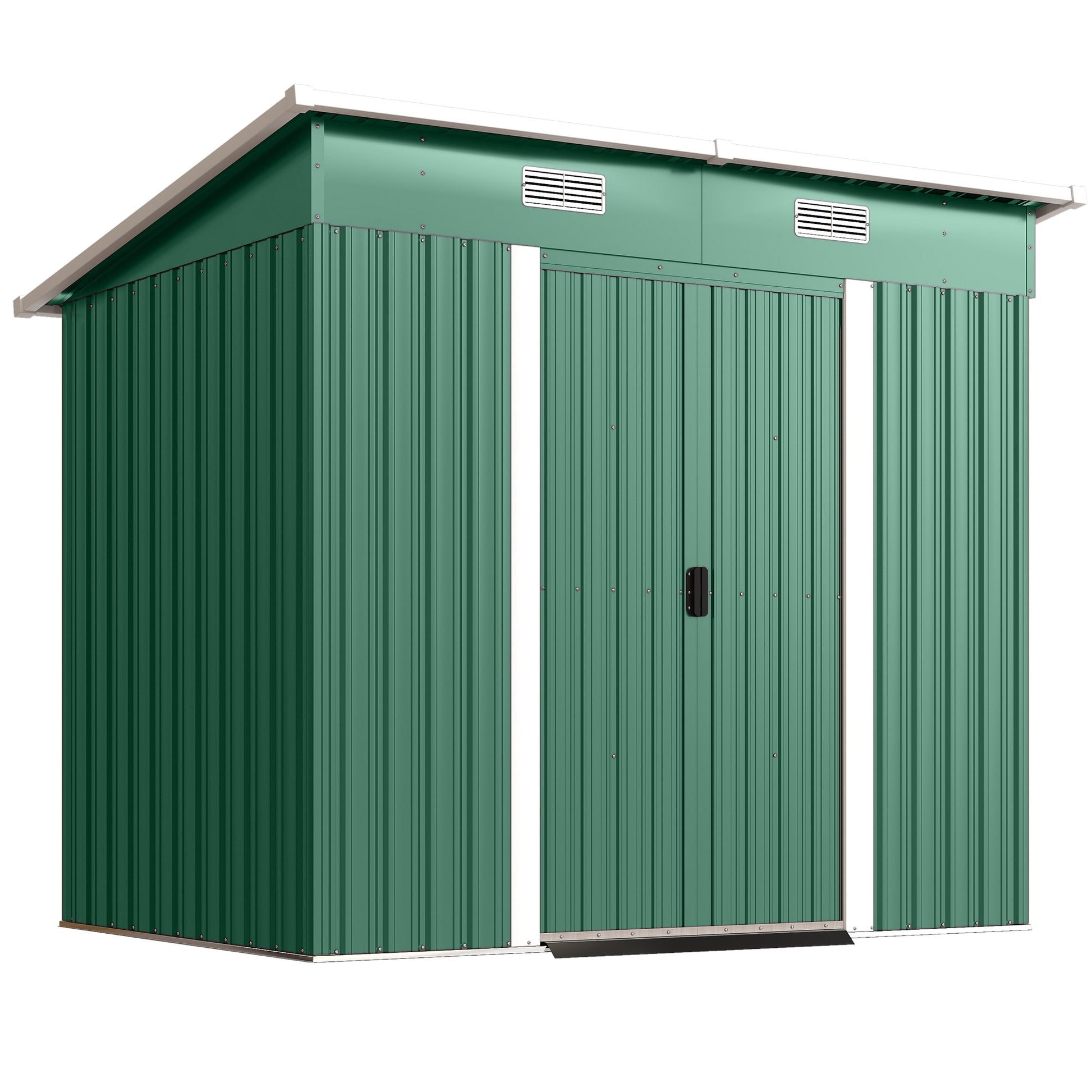 Photo of Outsunny 7 x 4ft Outdoor Storage Shed with Foundation Kit, Lean to Metal Garden Shed for Log, Rubbish Bin, Tool, Bike, Green in Green colour on a white background