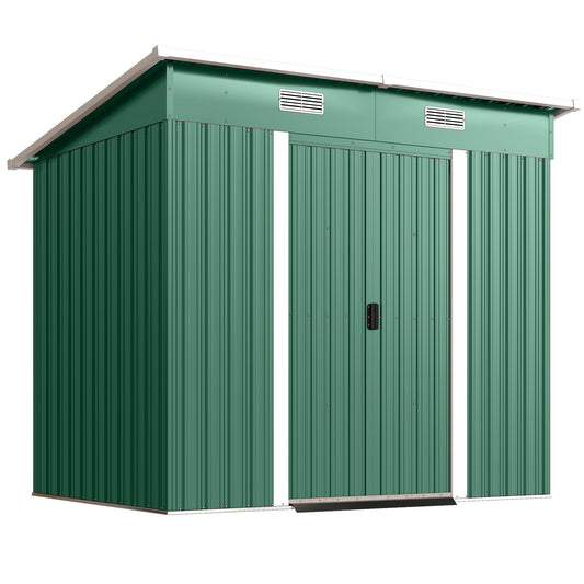 Photo of Outsunny 7 x 4ft Outdoor Storage Shed with Foundation Kit, Lean to Metal Garden Shed for Log, Rubbish Bin, Tool, Bike, Green in Green colour on a white background