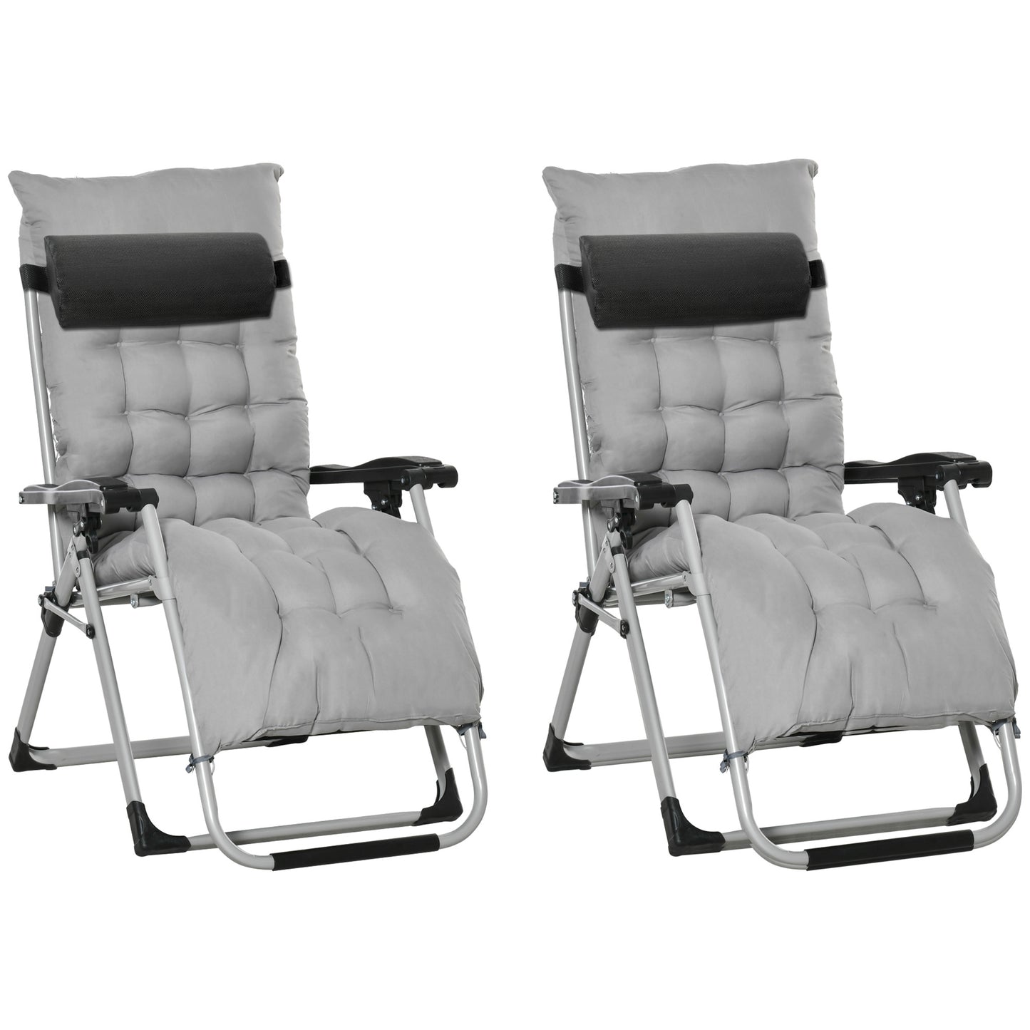 Photo of Outsunny 2pc Reclining Zero Gravity Sun Loungers ,Folding Chaise Lounge Chair with Cushions, Light Grey in Grey colour on a white background