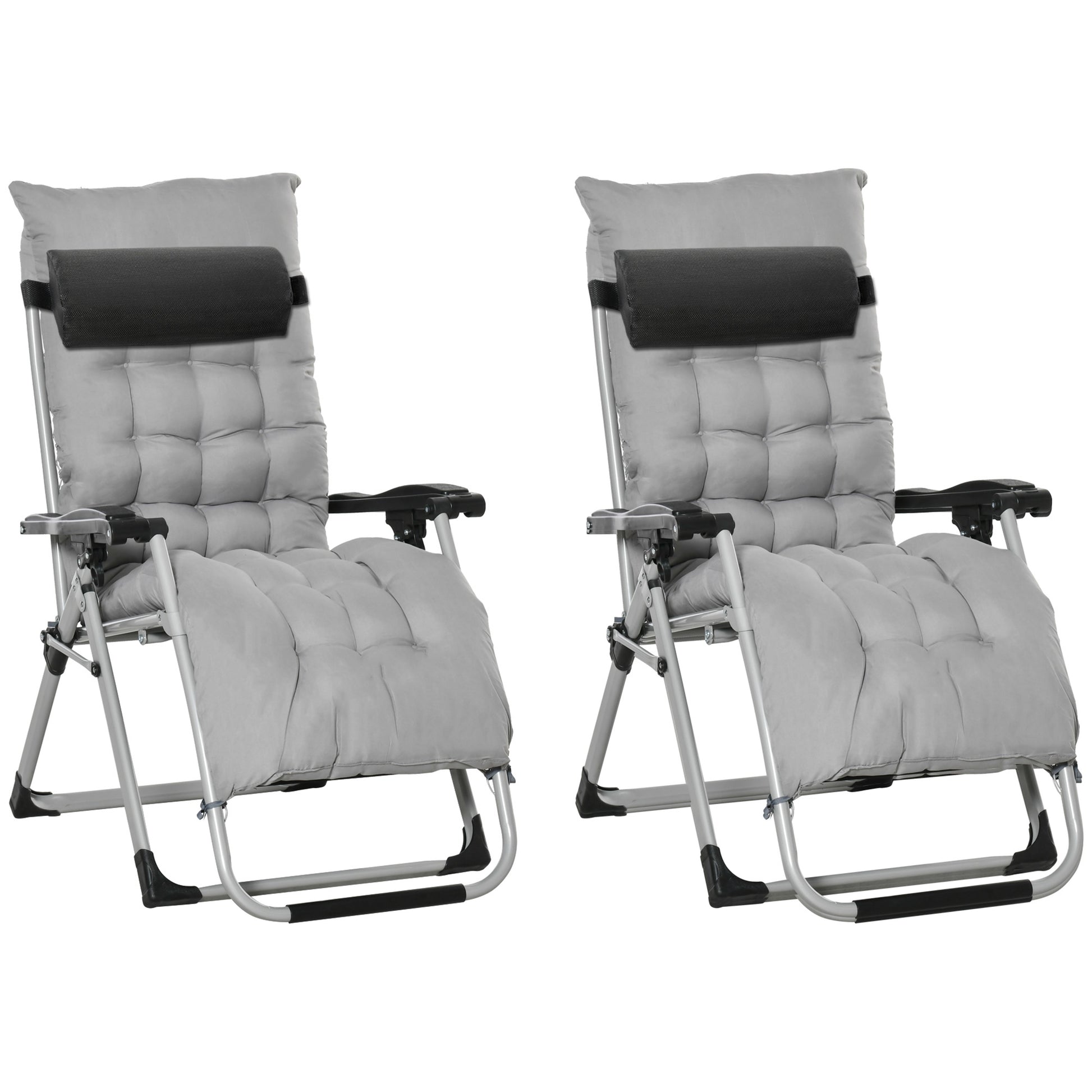 Photo of Outsunny 2pc Reclining Zero Gravity Sun Loungers ,Folding Chaise Lounge Chair with Cushions, Light Grey in Grey colour on a white background