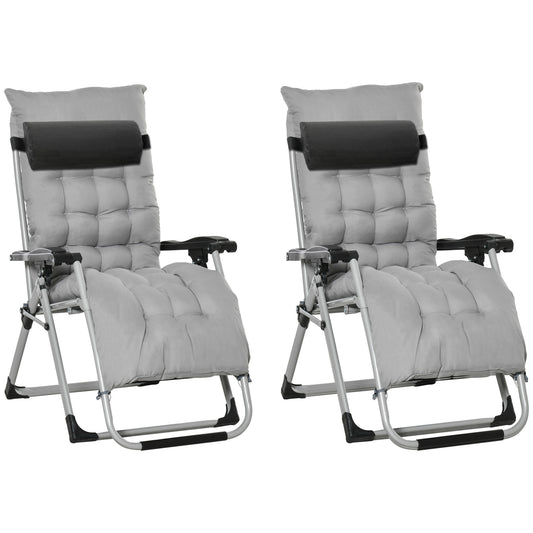 Photo of Outsunny 2pc Reclining Zero Gravity Sun Loungers ,Folding Chaise Lounge Chair with Cushions, Light Grey in Grey colour on a white background