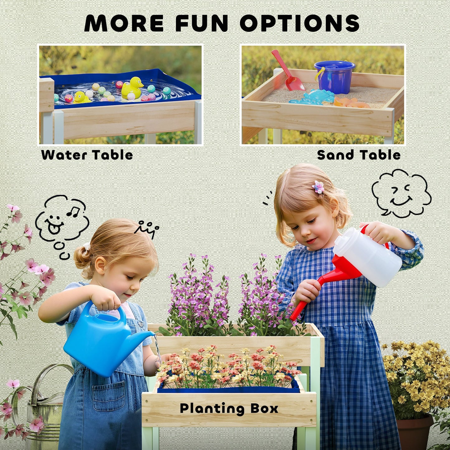 AIYAPLAY 2 PCS Wooden Outdoor Sand and Water Play Tables with Bottom Liner for Kids Aged 3-8 Years Old, Natural Wood Finish