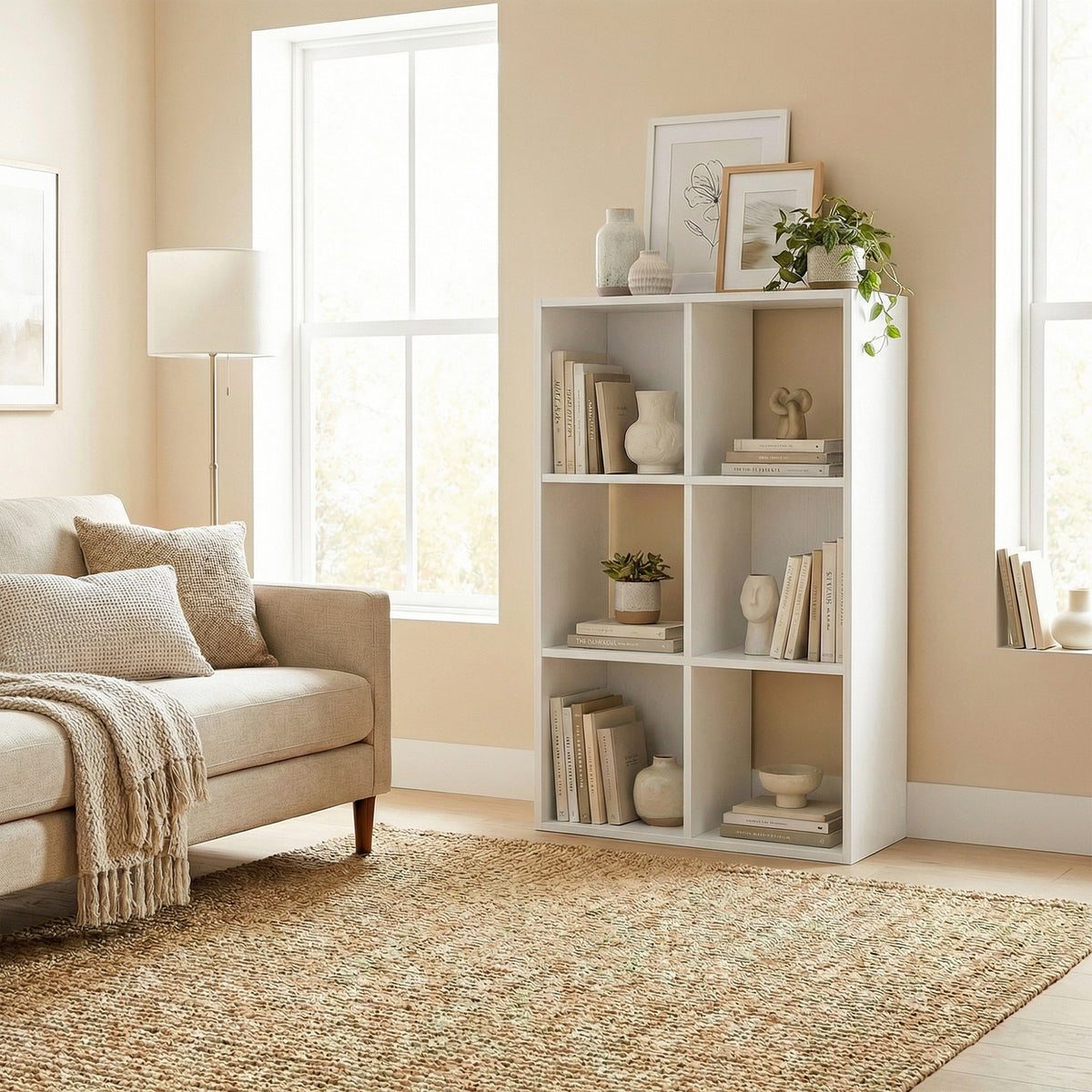HOMCOM Industrial Style Storage Shelf, Bookcase, Bookshelf with 6 Compartments, for Living Room, Home Study, White Wood Effect