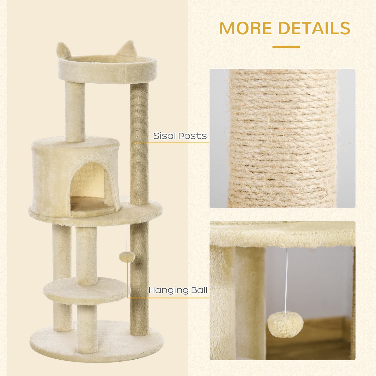 PawHut 104 cm Cat Tree, Cat Condo Tree Tower, Cat Activity Centre with Scratching Posts, Plush Perches, Hanging Ball - Cream White