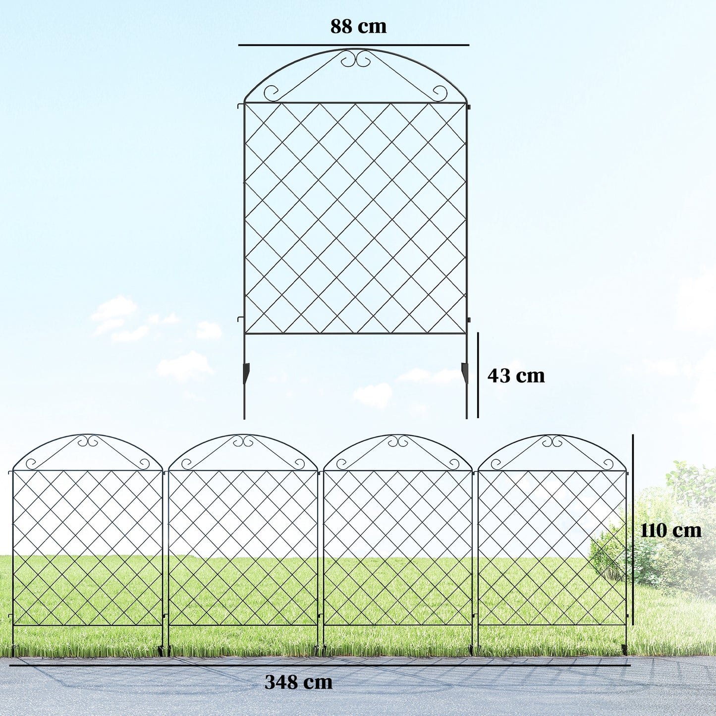 Outsunny 43in x 11.5ft Decorative Garden Fencing, Rustproof Metal Wire Picket Fence Panels, Black
