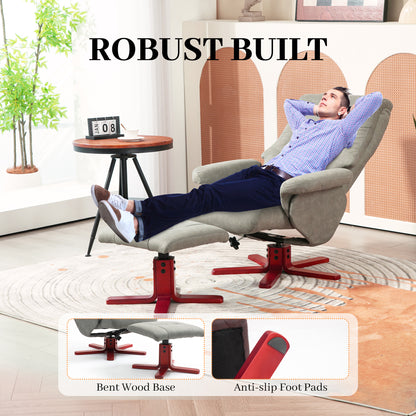 Grey manual recliner tilted back with footrest extended and wood-look swivel base