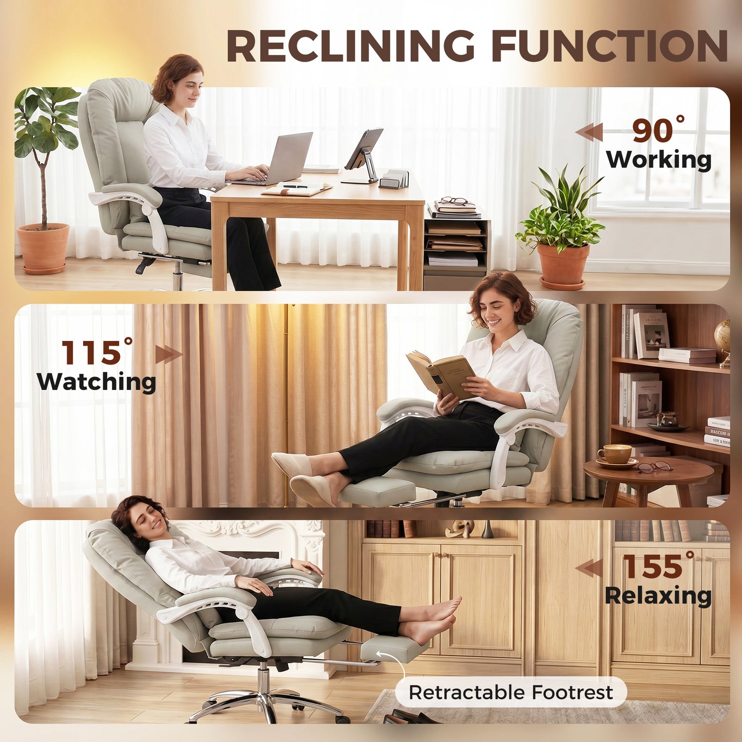 HOMCOM Ergonomic Executive Office Chair, Reclining Desk Chair with Lumbar Support, Footrest, Plush Thick Cushion, Khaki