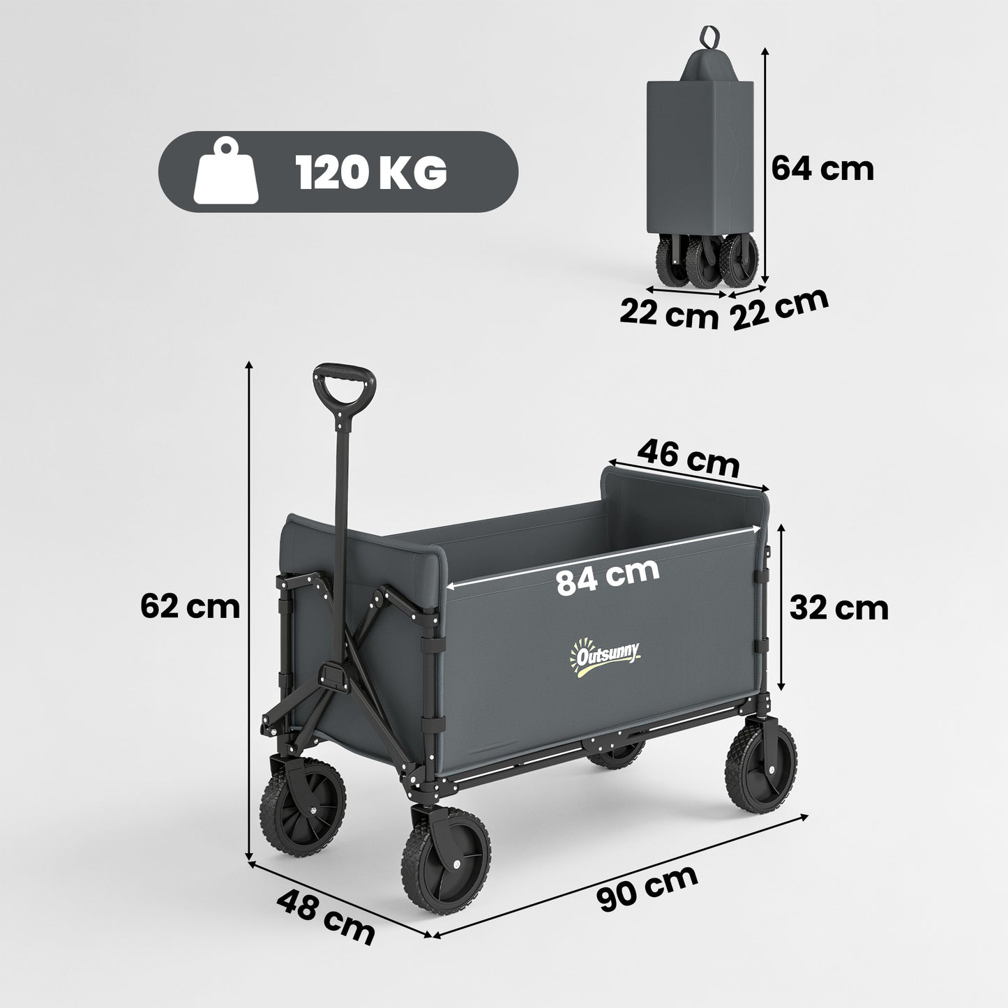 Outsunny 180L Festival Trolley on Wheels, Folding Compact Camping Trolley Cart with Adjustable Handle, 120 KG Capacity for Garden, Beach, Fishing, Grey