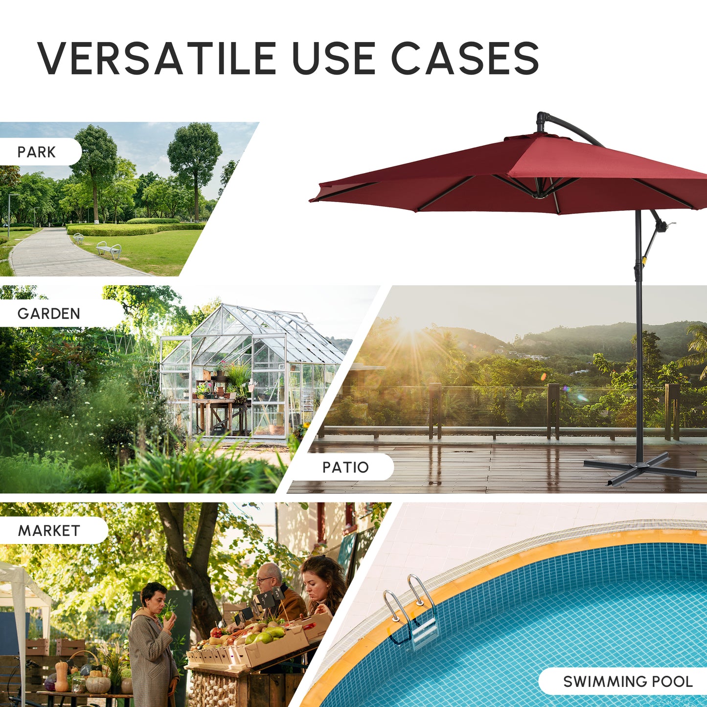Outsunny Cantilever Umbrella Parasol Hanging Banana Steel Dark Green 3M Patio Wine Red