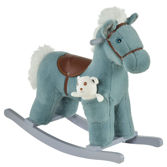 Photo of HOMCOM Kids Plush Ride-On Rocking Horse Toy Rocker with Plush Toy Realistic Sounds for Child 18-36 Months Blue in Blue colour on a white background