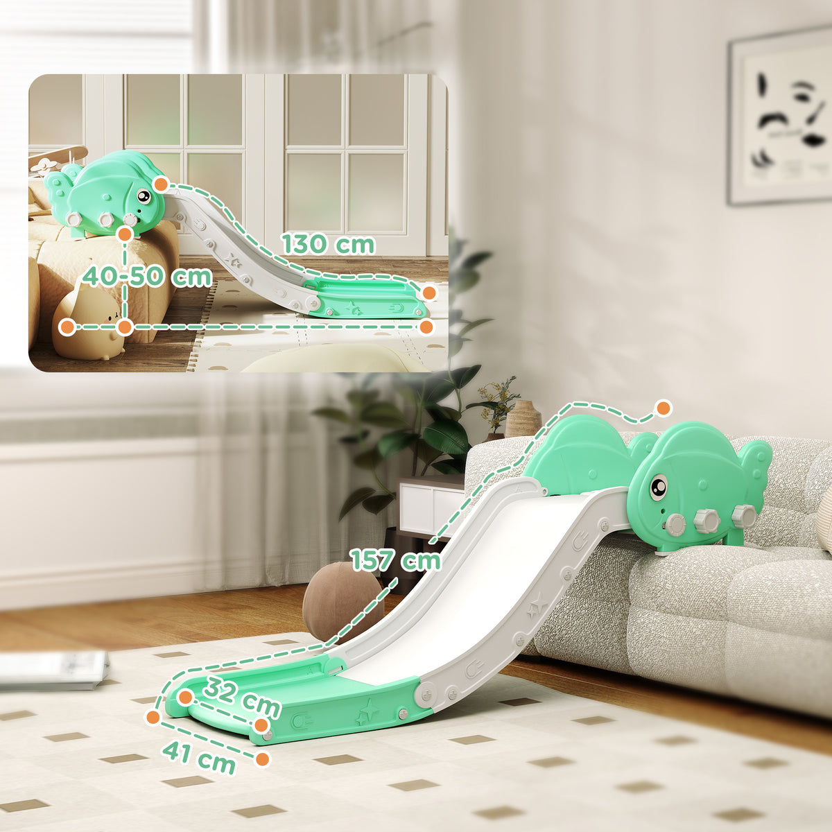 AIYAPLAY Kids Sofa Slide with 130cm Extended Length, HDPE Toddler Slide for Sofa, Bed, Stairs, Easy Assemble & Storage, Green