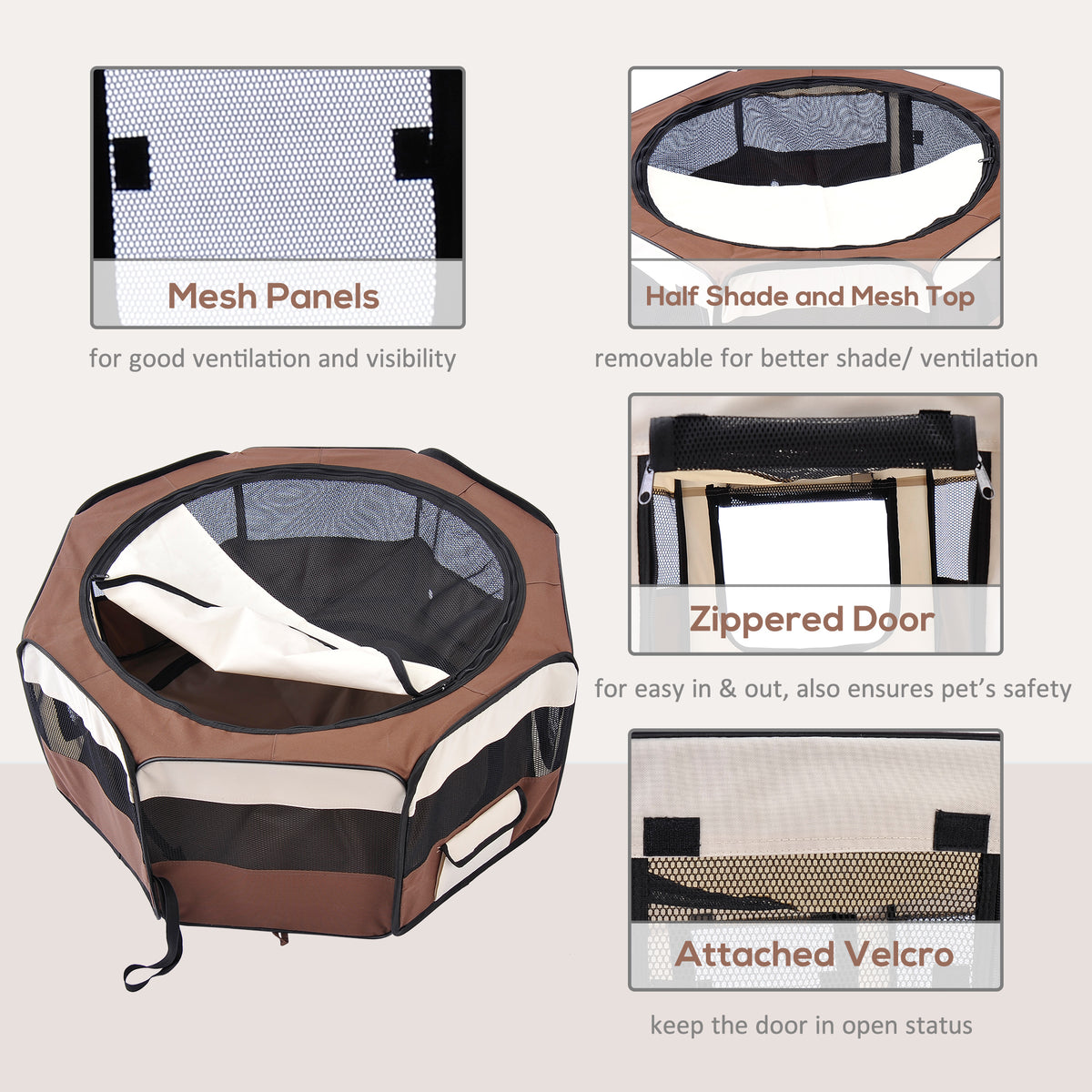 PawHut 600D Oxford Soft Fabric Kennel, Portable Lightweight Cat Dog Playpen, Foldable Pet Puppy Rabbit Guinea Pig Pen Run Dia 90 x 41H cm Indoor & Outdoor Brown