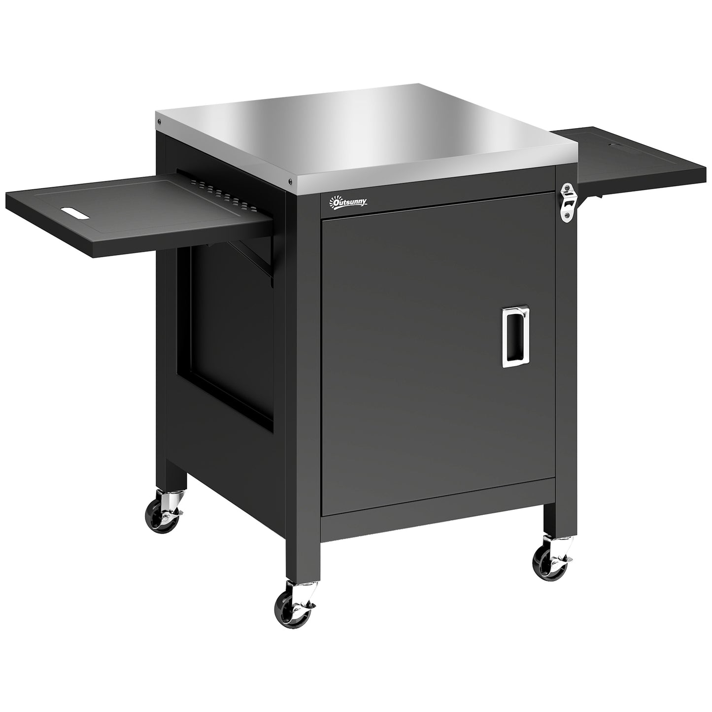 Photo of Outsunny Outdoor Grill Cart with Stainless Steel Tabletop, BBQ Table with a Cabinet, Towel Holder, Bottle Opener, Black in Black colour on a white background