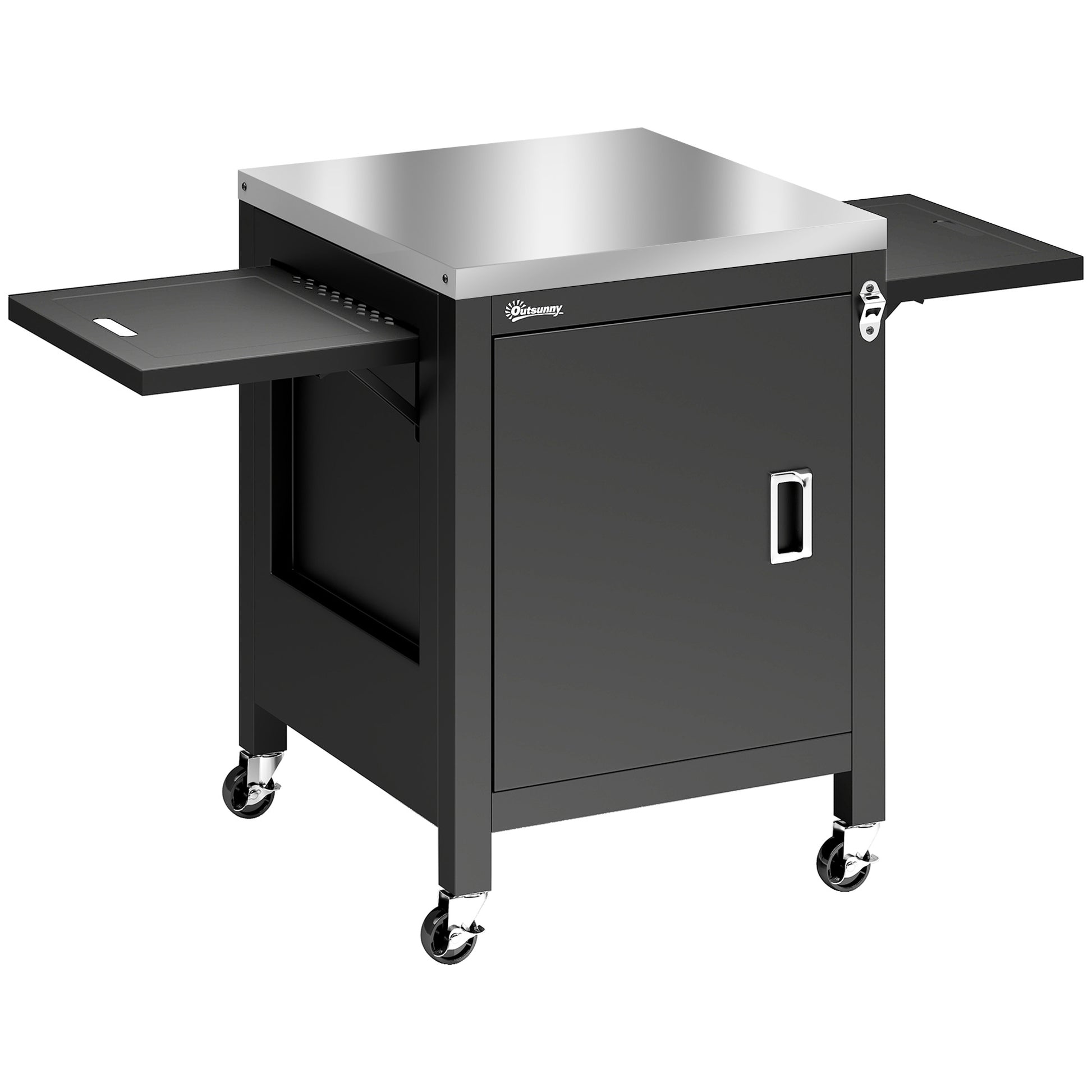 Photo of Outsunny Outdoor Grill Cart with Stainless Steel Tabletop, BBQ Table with a Cabinet, Towel Holder, Bottle Opener, Black in Black colour on a white background