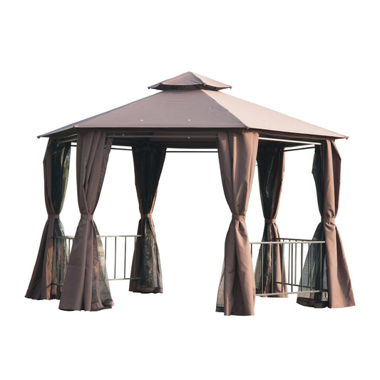 Photo of Outsunny 3 x 3(m) Hexagon Gazebo Patio Canopy Party Tent Outdoor Garden Shelter w/ 2 Tier Roof & Side Panel - Brown in Brown colour on a white background