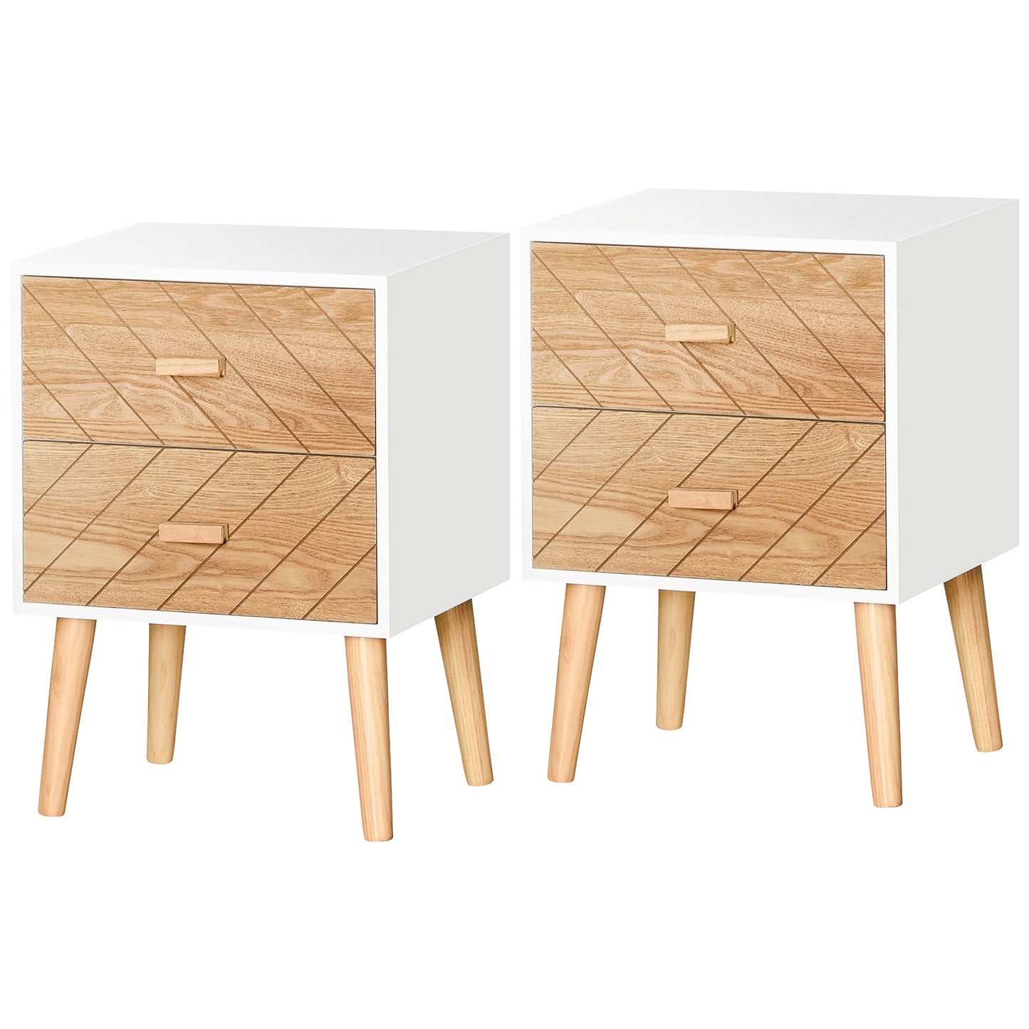 Photo of HOMCOM 2 Drawers Bedside Table with Pine Legs, Bedroom Wooden Storage Cabinet, Set of 2, Natural in Natural colour on a white background