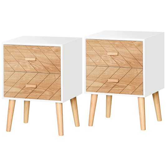 Photo of HOMCOM 2 Drawers Bedside Table with Pine Legs, Bedroom Wooden Storage Cabinet, Set of 2, Natural in Natural colour on a white background