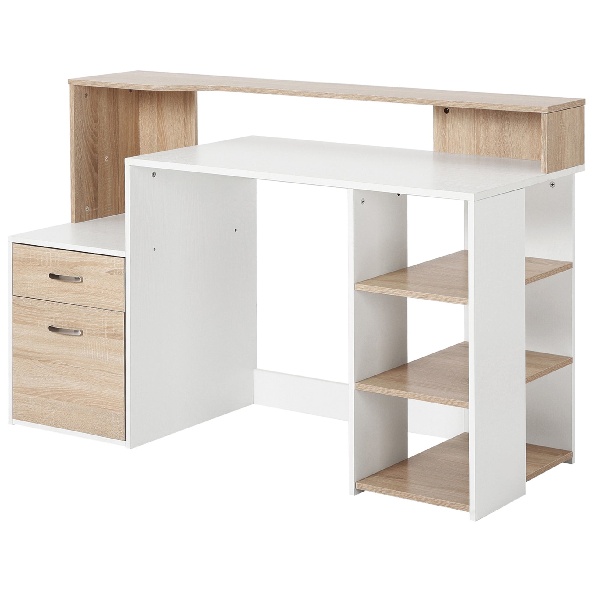 Photo of HOMCOM Computer Desk with Drawers and Storage Shelves, Office Desk Writing Table with Printer Stand, Large Workstation for Study Play Work Home Office, 137 x 55 x 92cm, Oak in Oak colour on a white background