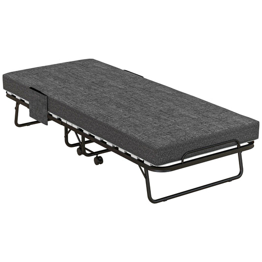 Photo of HOMCOM Single Steel Frame Folding Bed, with Wheels - Black/Grey in Black/Grey colour on a white background