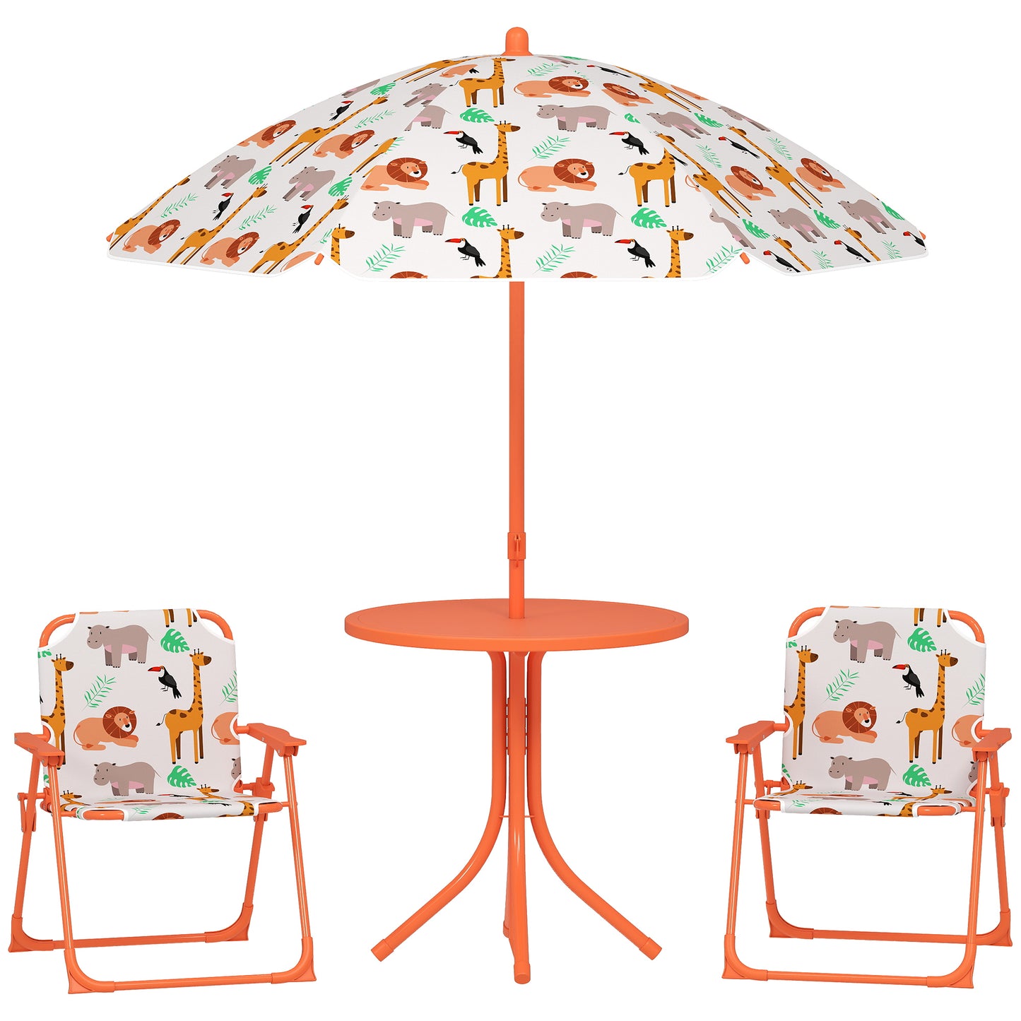 Photo of AIYAPLAY Kids Patio Set, Children Table and Chair Set, Outdoor Picnic Table with 2 Folding Chairs and Umbrella, Orange in Orange colour on a white background