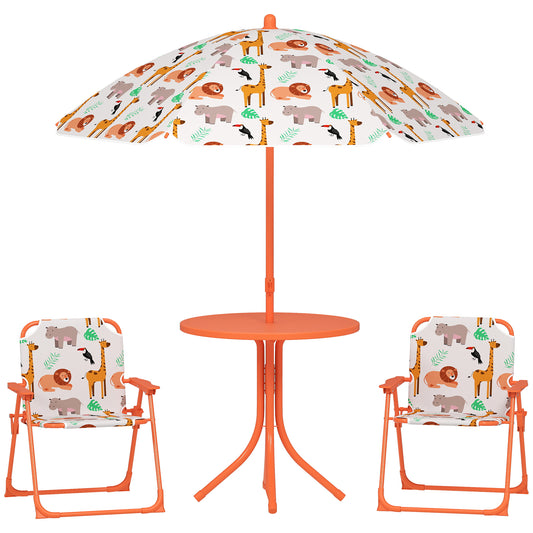 Photo of AIYAPLAY Kids Patio Set, Children Table and Chair Set, Outdoor Picnic Table with 2 Folding Chairs and Umbrella, Orange in Orange colour on a white background