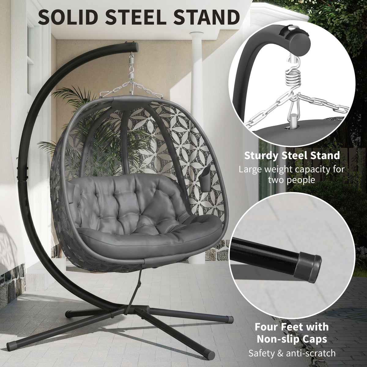 Outsunny double hanging chair with steel stand, hanging chain and non-slip feet