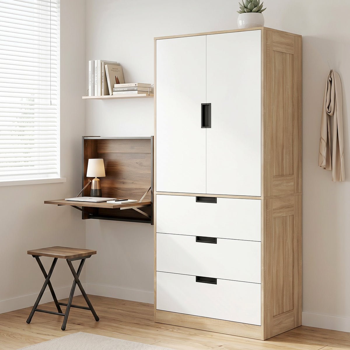 HOMCOM Modern Clothes Storage Cupboard Unit, 3 Drawer 2 Door Wardrobe with Hanging Rod, Oak