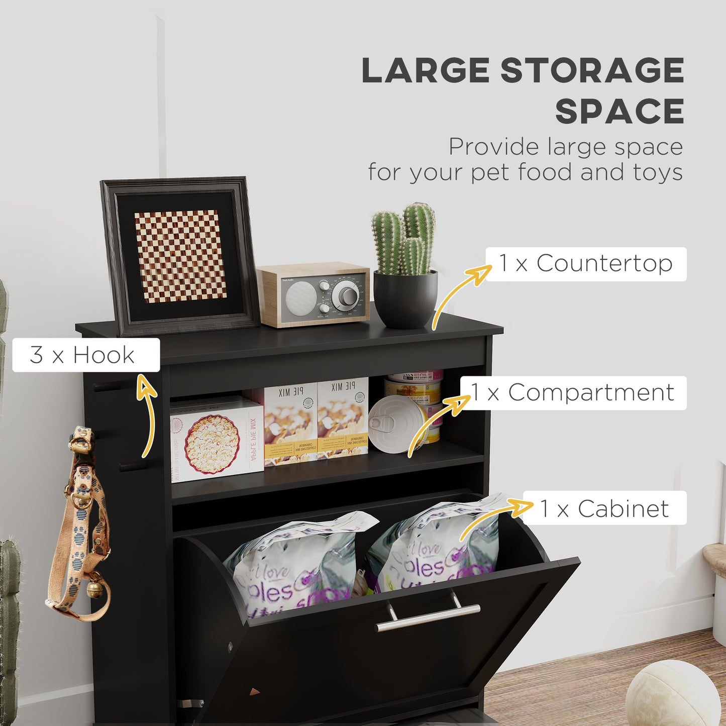 PawHut Pet Feeder Station, Dog, Cat Storage Container, with Raised Bowls, Hanger, Cabinet - Black