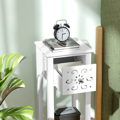 White bedside table with open floral cut-out drawer and lower shelf