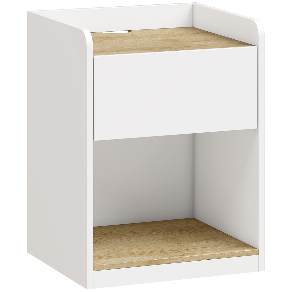 Photo of HOMCOM Modern Bedside Table, Slim Nightstand with Drawer, Shelf and Cable Holes, White and Oak in Oak colour on a white background