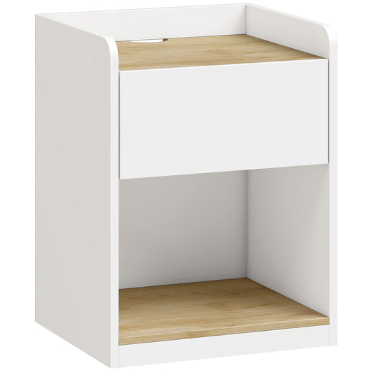 Photo of HOMCOM Modern Bedside Table, Slim Nightstand with Drawer, Shelf and Cable Holes, White and Oak in Oak colour on a white background