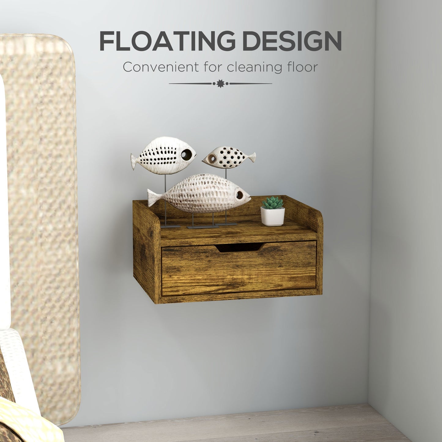 HOMCOM Floating Nightstands Set of 2, Wall Mounted Bedside Table with Drawer for Bedroom, Rustic Brown