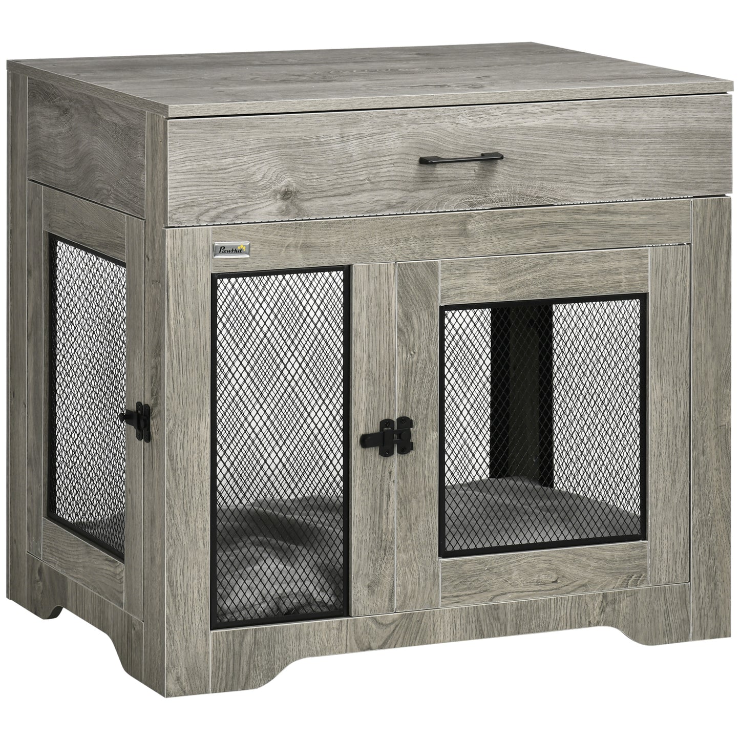 Photo of PawHut Dog Cage End Table with Two Doors, Drawer, for Medium Dogs - Grey in Grey colour on a white background