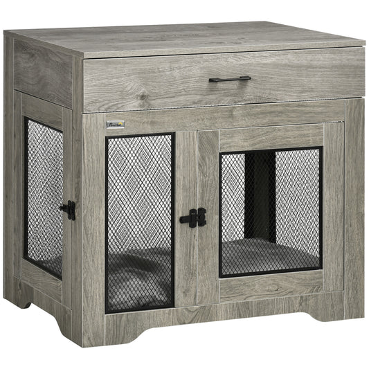 Photo of PawHut Dog Cage End Table with Two Doors, Drawer, for Medium Dogs - Grey in Grey colour on a white background