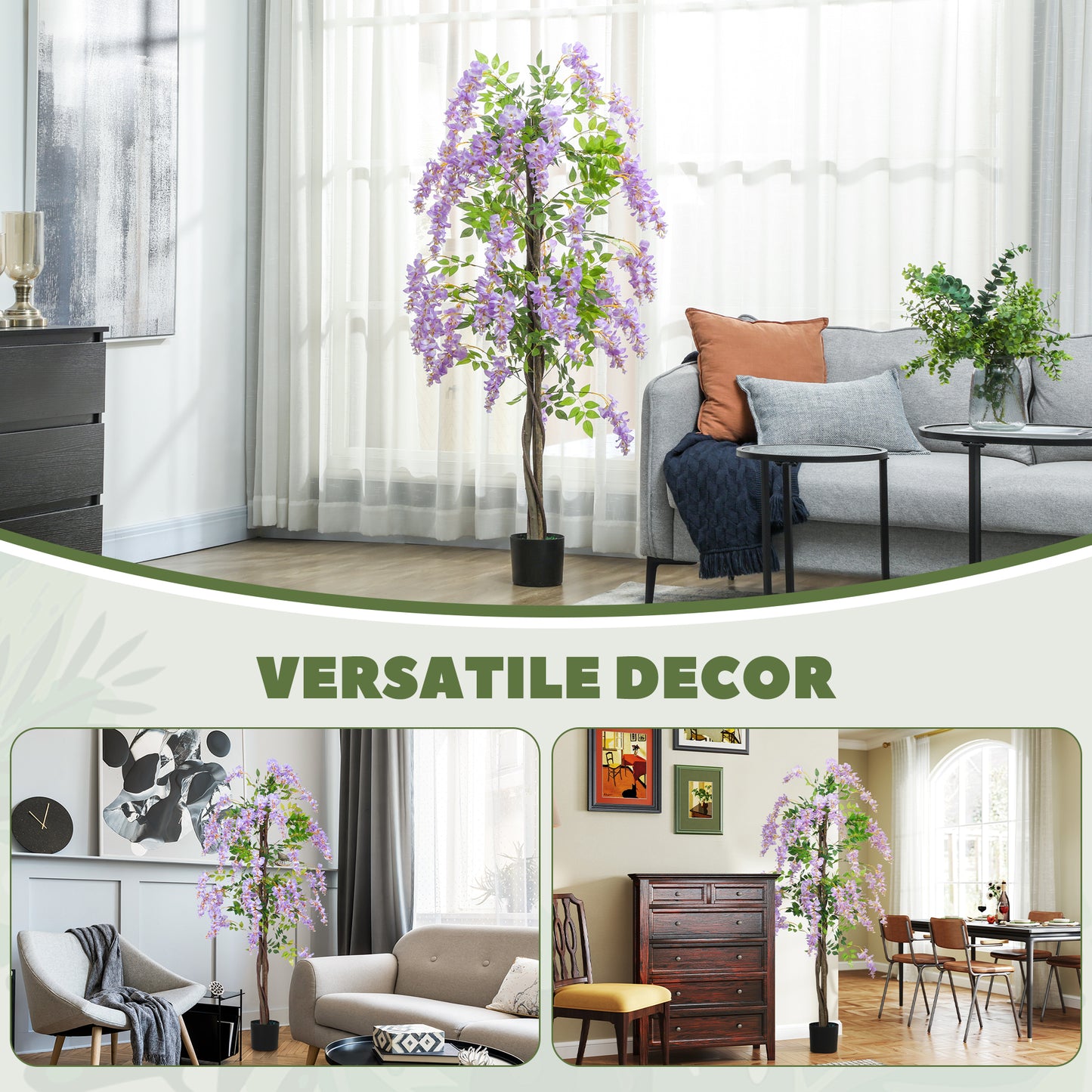 HOMCOM 180cm Ficus Artificial Tree, Fake Wisteria Tree in Nursery Pot, Indoor Greenery Tall Faux Floor Plant for Living Room Office Decor, Purple