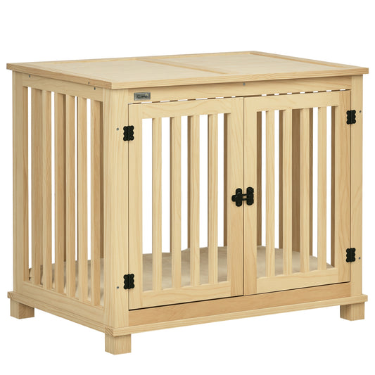 Photo of PawHut Wooden Dog Crate, with Double Doors, Cushion, for Medium Dogs - Natural Finish in Finish colour on a white background