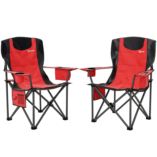 Photo of Outsunny Set of 2 Folding Camping Chairs, Padded Camping Chairs with Adjustable Armrests, Portable & Lightweight Folding Camp Chair with Cooler Bag, Cup Holder and Side Pockets, Red in Red colour on a white background