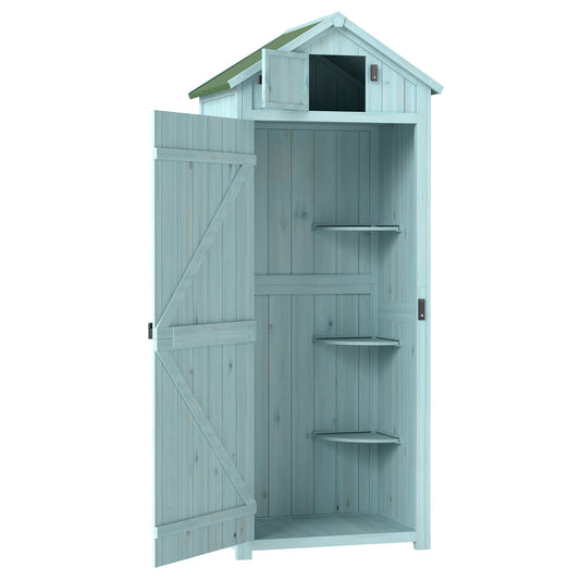 Photo of Outsunny Garden Shed Vertical Utility 3 Shelves Shed Wood Outdoor Garden Tool Storage Unit Storage Cabinet, 77 x 54.2 x 179cm - Blue in Blue colour on a white background