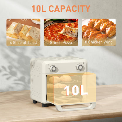 HOMCOM cream air fryer oven shown with 10L capacity for toast, pizza and chicken wings