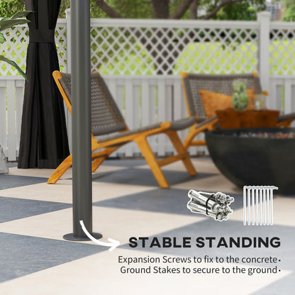 Gazebo steel support post anchored with expansion screws and ground stakes.