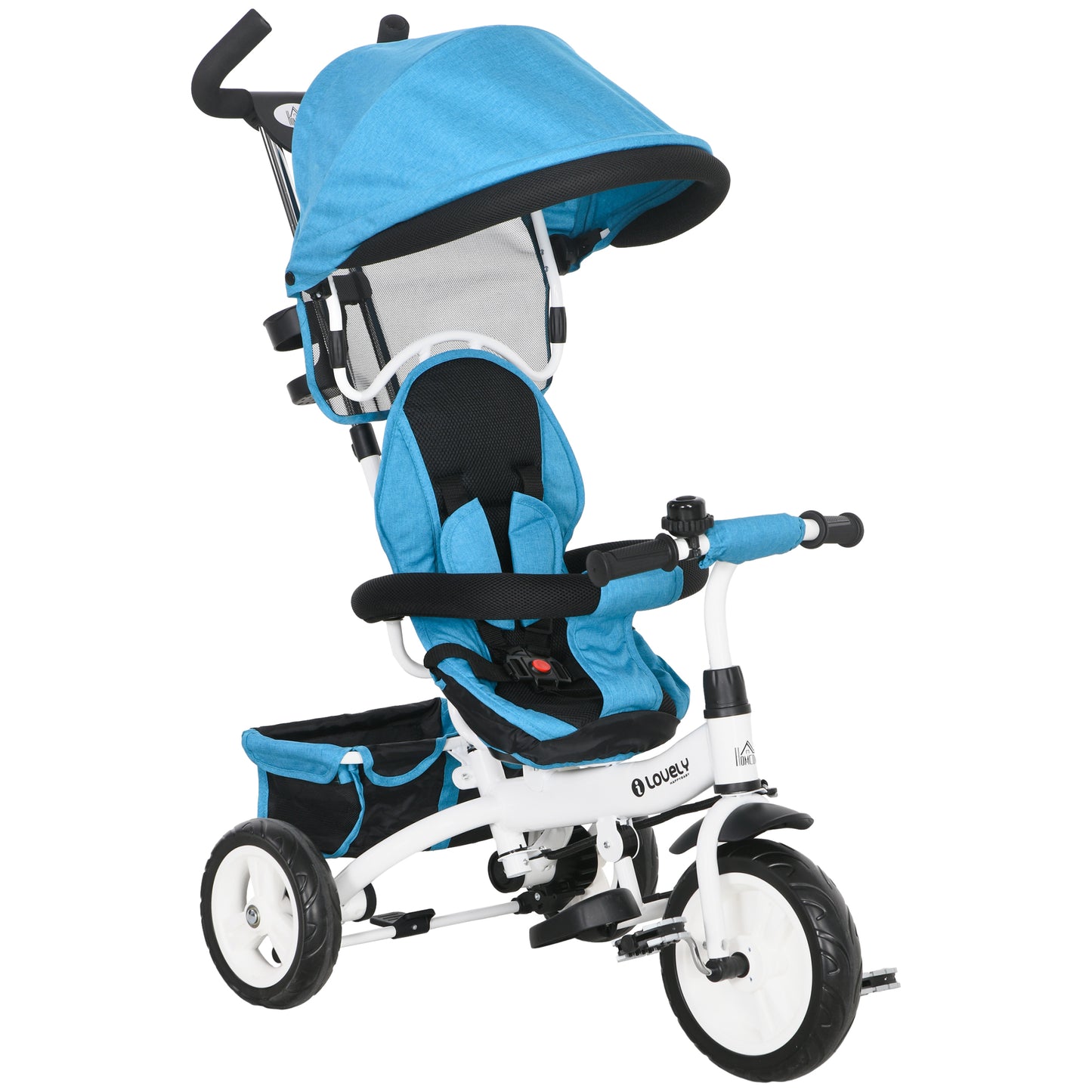 Photo of HOMCOM 6 in 1 Kids Trike Push Bike w/ Push Handle, Canopy, 5-point Seat Belt, Storage, Footrest, Brake, for 1-5 Years, Blue in Blue colour on a white background
