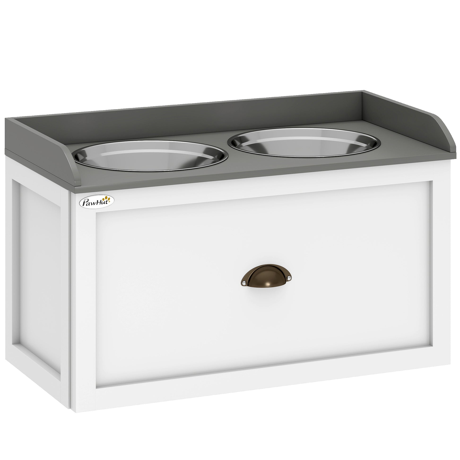 Photo of PawHut Stainless Steel Raised Dog Bowls, with 21L Storage Drawer for Large Dogs and Cats - White in White colour on a white background