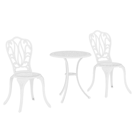 Photo of Outsunny 3 Piece Garden Bistro Set, Cast Aluminium Outdoor Furniture Set with Umbrella Hole for Balcony, Porch, Patio, White in White colour on a white background